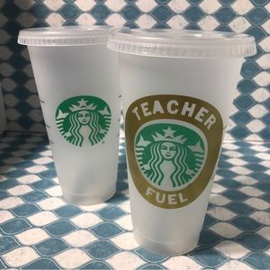 Bundle of 2 24oz Starbucks Reusable Cold Cups.  Teacher fuel and Mermaid cups